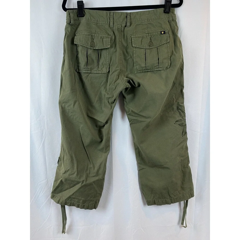 Lucky Brand Olive Green Cropped Cargo Pants with Side Leaf Embroidery